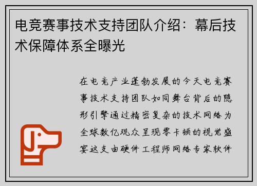 电竞赛事技术支持团队介绍：幕后技术保障体系全曝光