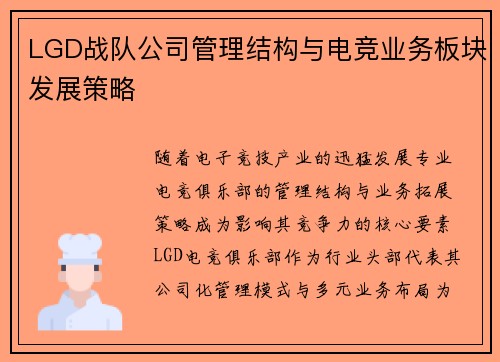 LGD战队公司管理结构与电竞业务板块发展策略