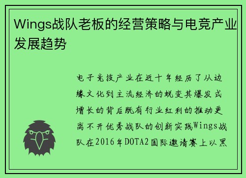 Wings战队老板的经营策略与电竞产业发展趋势